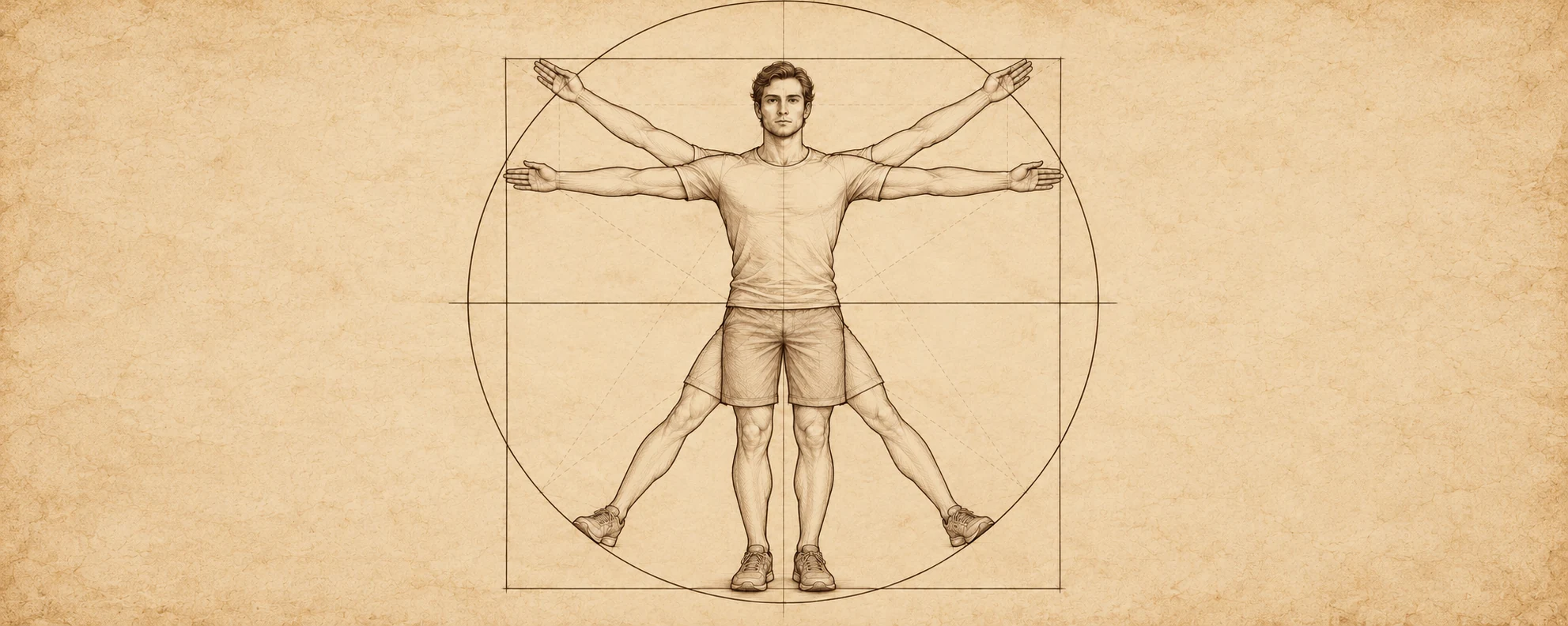 Interpretación con IA del estudio de proporciones asociado a Leonardo da Vinci: una figura dentro de un círculo y un cuadrado, sin reproducir la obra original.