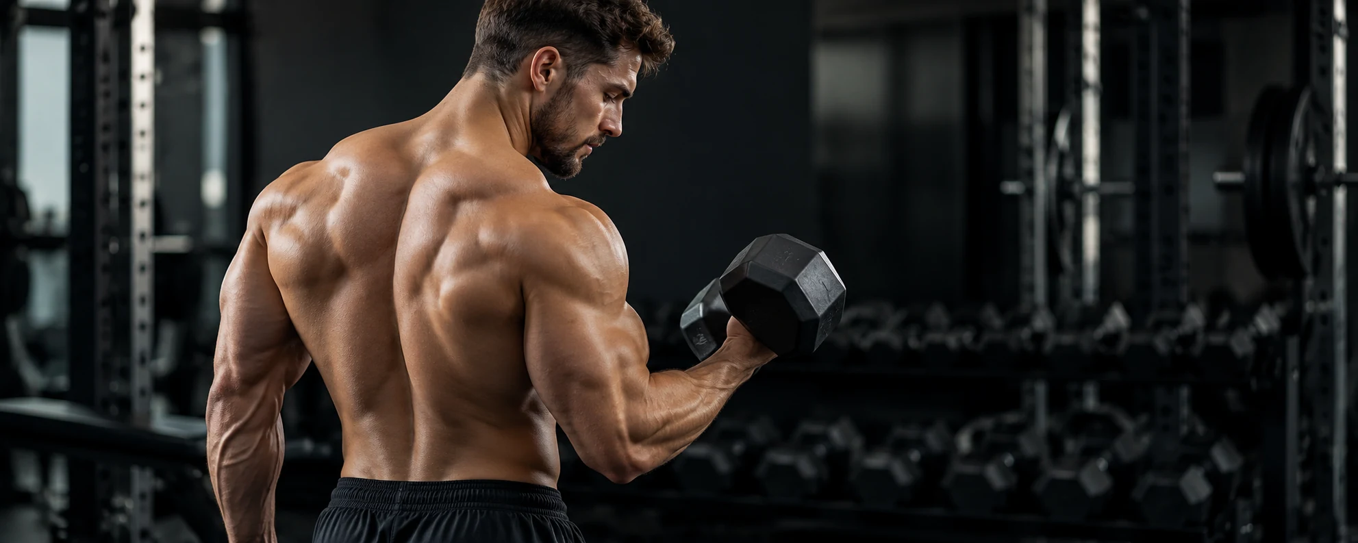 Culturista adulto musculoso entrenando con una mancuerna